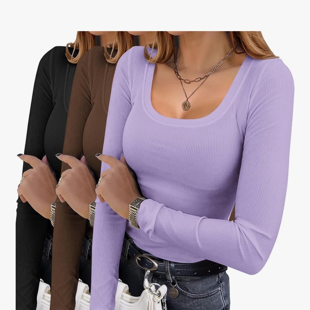 Elegant Long Sleeve Ribbed Tops - Black, Brown, Lavender